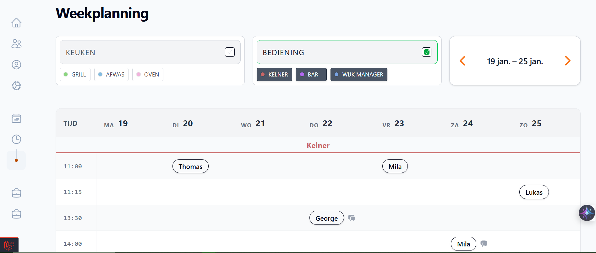 Screenshot van het The Chefs Clock dashboard, een horeca app die de personeelsplanning en urenregistratie vereenvoudigt.
